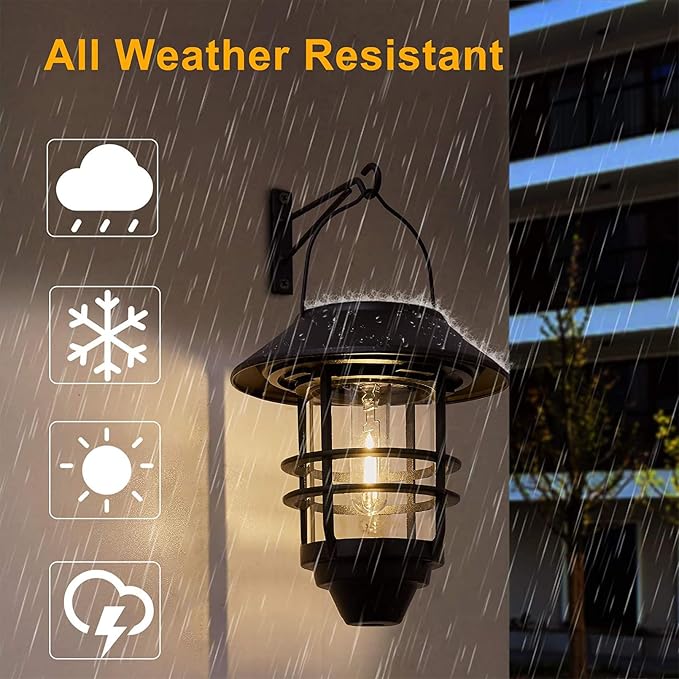 2 Pack Solar Lanterns Outdoor, Hanging Solar Lights for Outside Glass Metal with Wall Mount Bracket,Waterproof Auto Dusk to Dawn Garden Lantern for Fence Porch Decor- Warm White
