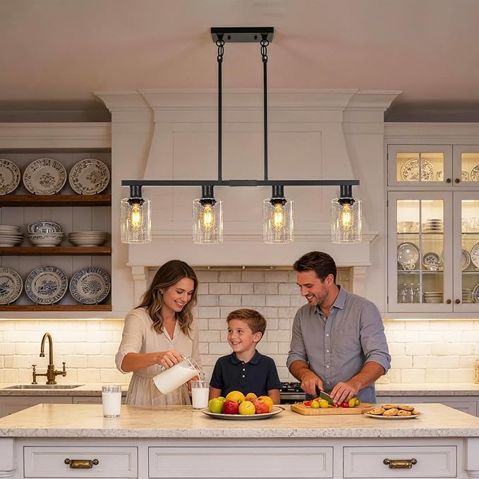 4-Light Kitchen Island Lighting, Black Simplicity Bar Island Lights for Kitchen, Farmhouse Chandelier with Adjustable Height & Seeded Glass Shades, Linear Hanging Dining Room Light Fixture Over Table