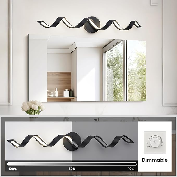 LED Modern Bathroom Vanity Light Fixtures, 31 inch Matte Black Wall Lamp Bedroom 4000K, Spiral Design Wall Sconce for Mirror, Living Room, Bedroom, Hallway 20W