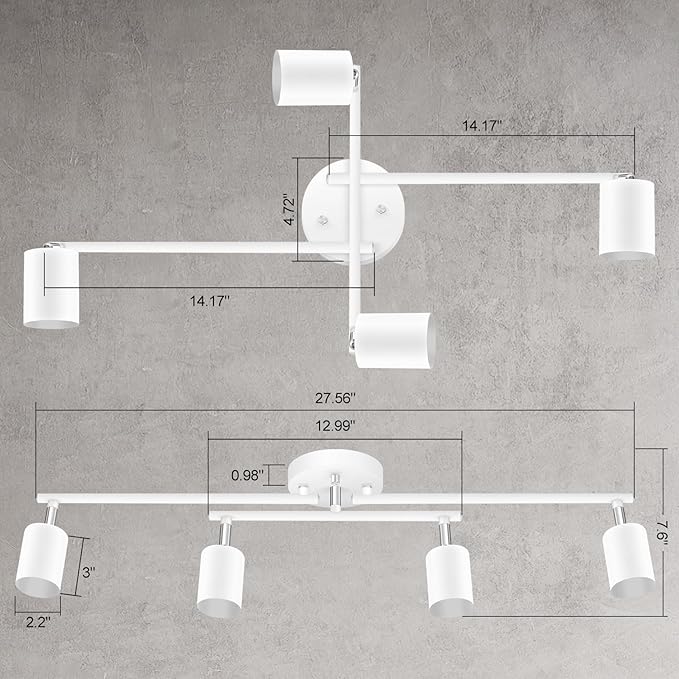 4 Light Track Lighting Kit Kitchen, White Track Lighting Fixtures Ceiling, 4 Way Modern Flexible Spot Track Lighting, Industrial LED Lights for Room Hallway Bedroom(GU10 Socket, Bulb Not Included)