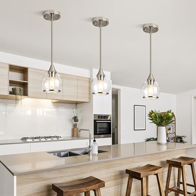 1-Piece Brushed Nickel Island Light for Kitchen, 1-Light Brushed Nickel Hanging Pendant Light with Clear Round Glass Shade for Dining Room,Bedroom