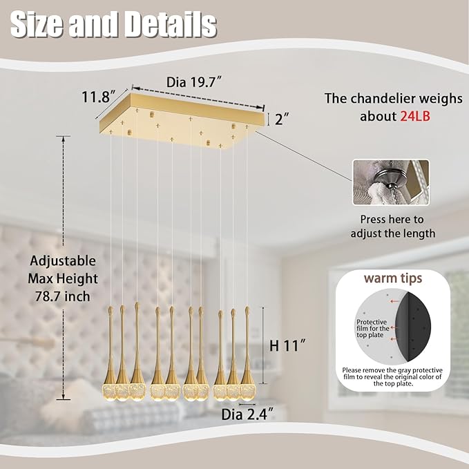 ykolupty Rectangular Chandeliers for Entryway Gold Dining Room Lights Fixture Raindrop Crystal Chandelier for Staircase Hallway Foyer
