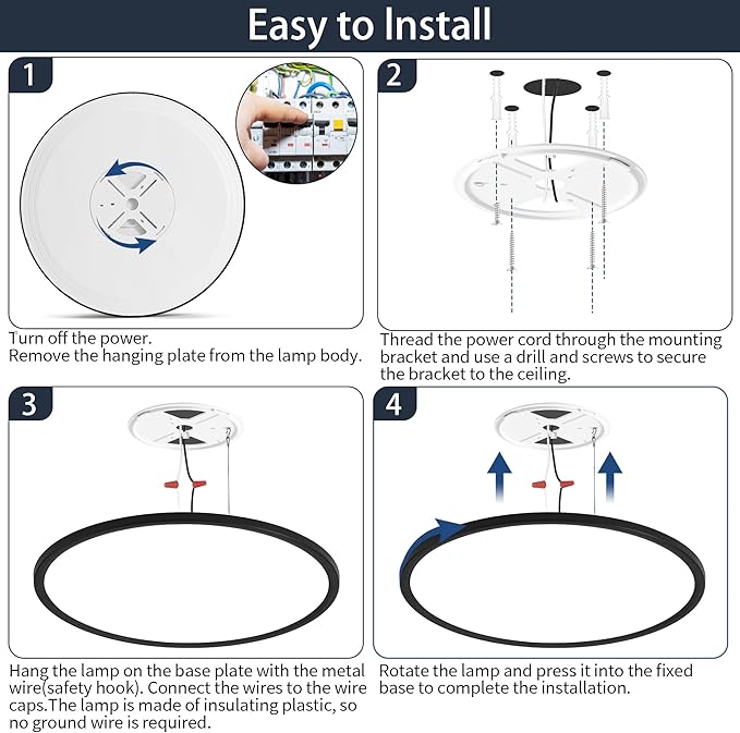 20 Inch Flush Mount Ceiling Light with Remote, 45W Dimmable LED Fixture 4500LM, 3000K-6500K Adjustable, Round Ceiling Lamp for Bedroom, Kitchen, Living Room, Dining Room, Bathroom, Black