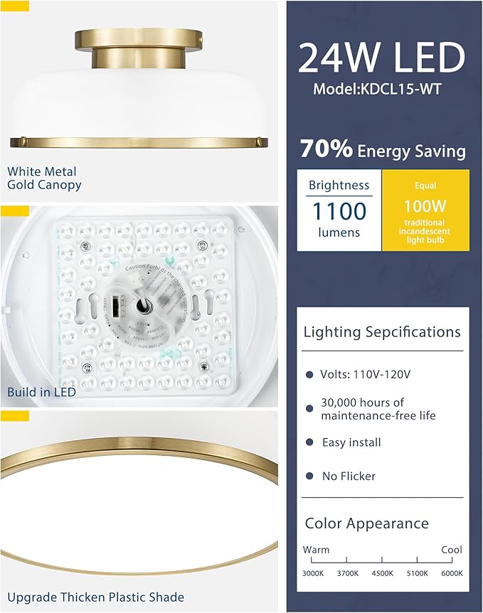 kudos Ceiling Light, 12-inch LED Flush Mount Ceiling Light, White and Gold Finish, 24W/1100lm Light Fixtures Ceiling Mount for Living Room,Hallway, 3000K/3700K/4500K/5100K/6000K Adjustbale, KDCL15-WT