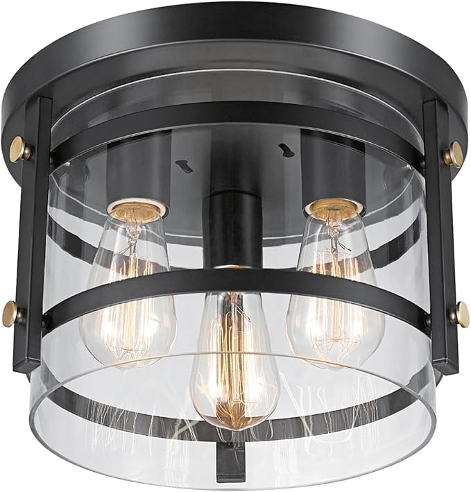 Globe Electric 60417 3-Light Flush Mount Ceiling Fixture, Dark Bronze Finish, Brass Detail, Clear Glass Shade, Modern Lighting for Kitchen, Bedroom, or Dining Room, Rustic, E26 Base