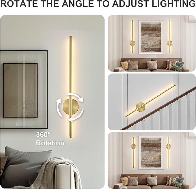Battery Operated Modern Wall Sconces Set of Two,Rechargeable Wireless Wall Lights with Remote Control,Dimmable,3CCT,Timer,360°Rotation,Cordless Lighting for Bedroom,Living Room,Hallway,Brass,23.6 Inch