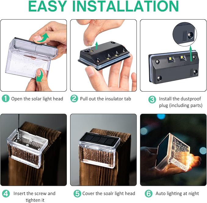 Qualdout Solar Deck Lights 8 Pack, IP65 Waterproof Solar Step Lights Outdoor, Warm White Solar Fence Lights with Crystal Acrylic Lens, Dusk to Dawn LED Lights for Stairs, Railing, Patio, Pool, Yard