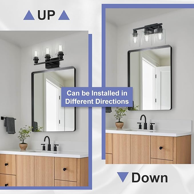 Black Bathroom Lights Over Mirror, Anti-Rust 3-Light Vanity Lighting Fixture for Bathroom, Modern 18Inches Wall Sconce Light for Living Room, Standard E26 Base, Clear Glass Shades, Bulbs Not Included