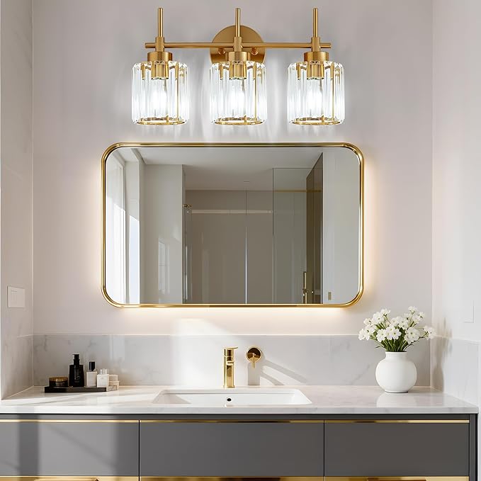 EJIAXIN Bathroom Lighting Fixtures, 3 Light Gold Bathroom Light Fixtures with Clear Shades Modern Crystal Vanity Light Bath Room Vanity Lighting Over Mirror Wall Light