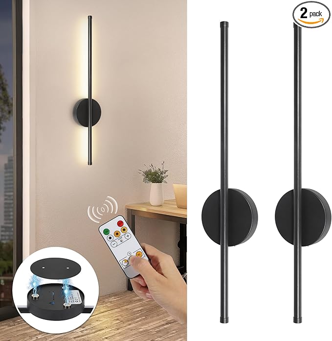TaoFiaCo Battery Operated Wall Sconces Set of Two, Wireless Rechargeable Wall Sconces Black with Remote Control Dimmable, Cordless Wall Light Decor for Living Room, Bathroom, Hallway, Timing, 24 Inch
