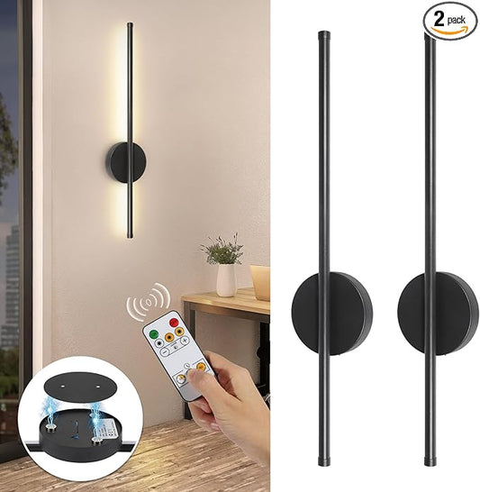 TaoFiaCo Battery Operated Wall Sconces Set of Two, Wireless Rechargeable Wall Sconces Black with Remote Control Dimmable, Cordless Wall Light Decor for Living Room, Bathroom, Hallway, Timing, 24 Inch