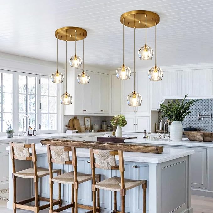 Gold Crystal Pendant Light Mid Century Modern 4-Lights Cluster Pendant Lighting Anti Brass Adjustable Hanging Ceiling Light Vintage Round Kitchen Island Chandelier Light Fixture