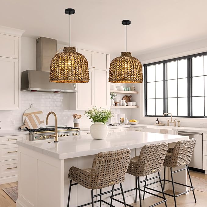 Rattan Pendant Light Fixtures,13.78" Boho Seagrass Pendant Light,1-Pack Hand Woven Water Plants Rattan Chandelier for Dining Living Bedroom Kitchen Farmhouse