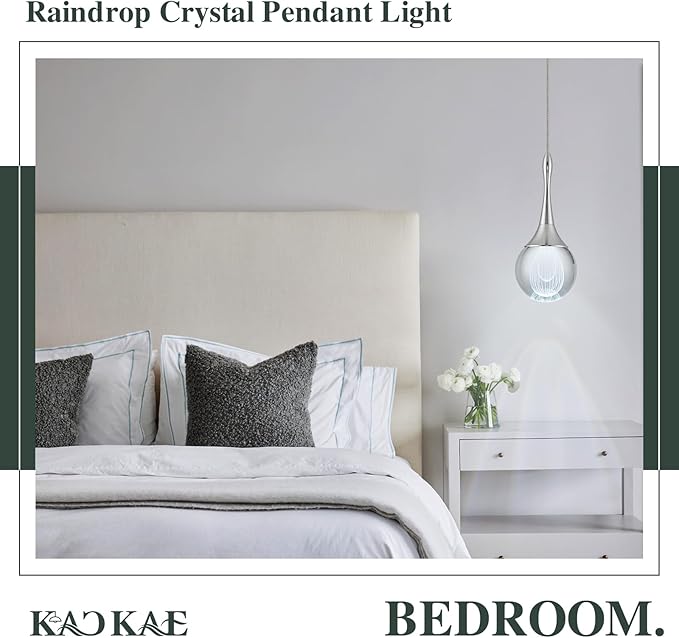LED Pendant Light Kitchen Island Raindrop Crystal Pendant Lights Dimmable Chrome Modern Hanging Light for Bedroom Bathroom Living Room 6000K Cool White, 1 Pack