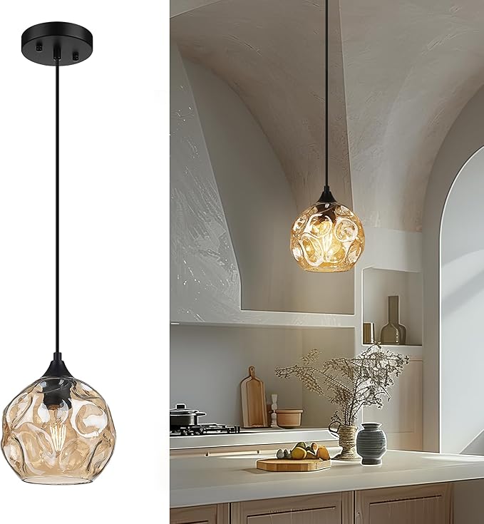 Emliviar 7 Inch Adjustable Mini Chandelier, Round Ceiling Pendant Lighting Fixture with Hammered Glass, Amber Finish, DYE287G2-MIL BK