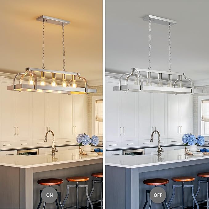 WUZUPS 5-Light Metal Pot Hanging Rack Chandelier Linear Pendant Ceiling Lighting Rustic Farmhouse Fixture Kitchen Island Dining Room, H 9.8" L 34.6" W11.8, E26 Base, Brushed Nickel