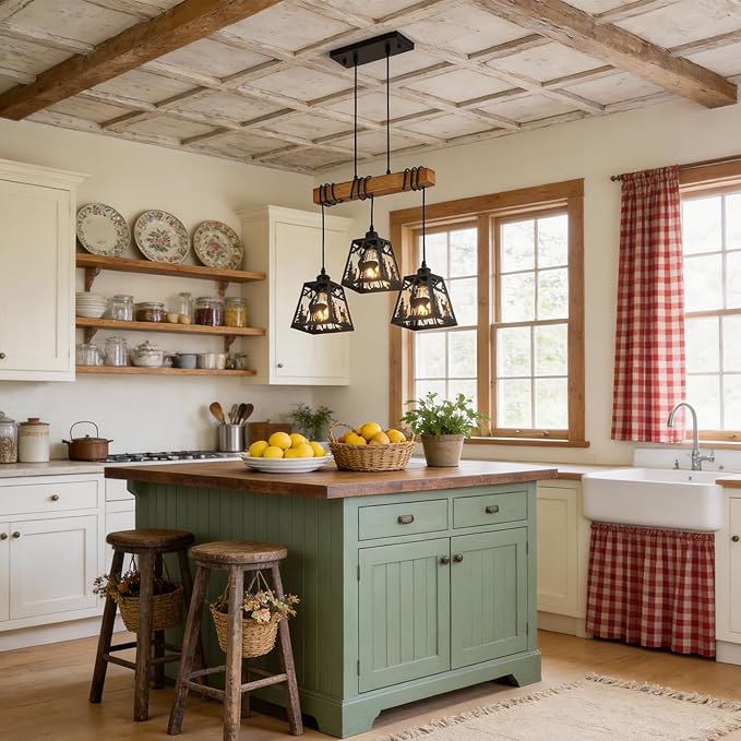 3-Lights Farmhouse Dining Room Pendant Light Fixtures, Rustic Solid Wood Kitchen Island Lighting Hanging with Deer Metal Shades for Restaurant, Kitchen Island, Hallway