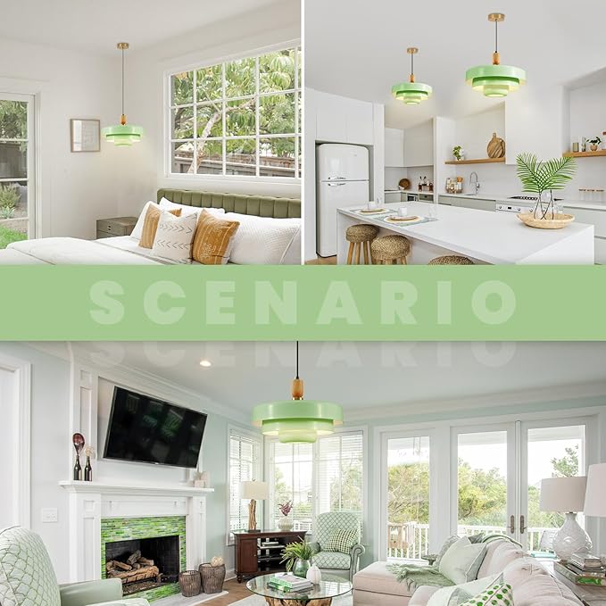Mint Green Pendant Light with Solid Wood, 13.8 Inch Adjustable Modern Farmhouse Ceiling Lamp for Kitchen Island, Pantry, Dining Room, Living Room