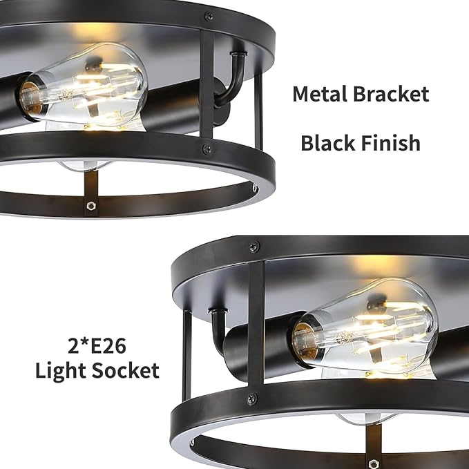 2 Pack Flush Mount Ceiling Lights, Black Metal Close to Ceiling Light Fixtures, Farmhouse 11 Inch Industrial Indoor Ceiling Lamp for House Kitchen Bedroom Hallway