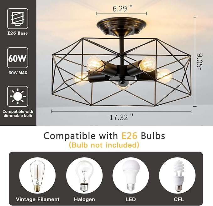 5-Light Farmhouse Semi Flush Mount Ceiling Light Fixture, Modern Black Ceiling Light, Industrial Close to Ceiling Light with Metal Hexagon Cage Ceiling Lamp for Kitchen, Hallway, Bathroom，closet