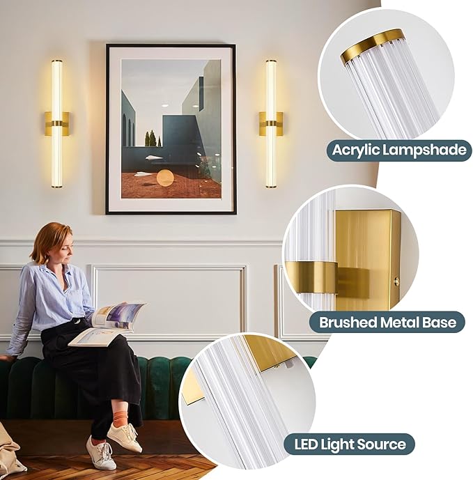 Modern Gold LED Wall Sconce with 3 Color Temperatures, Slim Vertical Linear Wall Light for Bedroom Bedside Living Room Staircase Bathroom