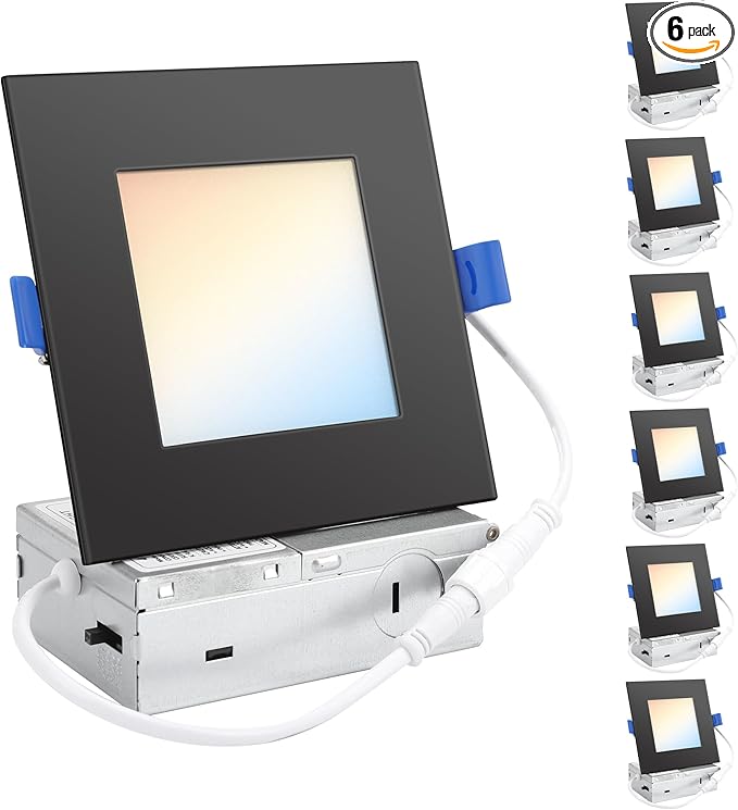 HONZIN Square LED Recessed Lighting 4 Inch, 5CCT Ultra Thin Led Recessed Ceiling Lights 6 Pack, Selectable 2700K/3000K/3500K/4000K/5000K, 9W, IC Rated, Dimmable Square Black Trim with Junction Box