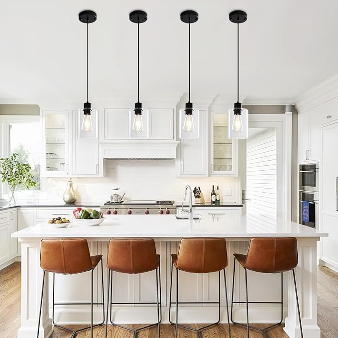 2 Pack Black Pendant Lights Kitchen Island, Modern Glass Pendant Lighting Over Island Kitchen Hanging Bathroom Ceiling Light Fixtures Adjustable Pendant Lights for Dining Room Hallway Bedroom