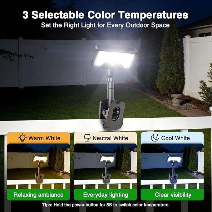 iMaihom Clip On Solar Lights Outdoor with Motion Sensor, 92 LED 600LM Solar Fence Lights, Warm/Neutral/Cool White, 360° Adjustable, IP65 Waterproof Security Light for Deck, Gutter, Porch (4, Black)