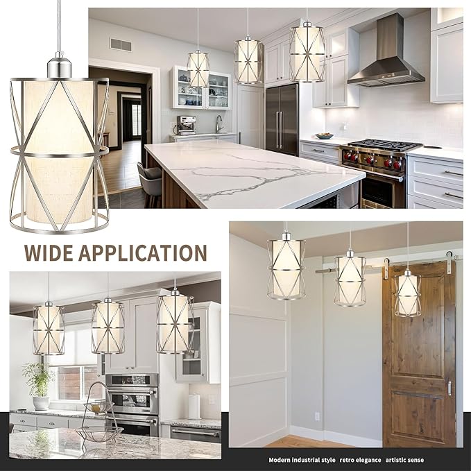 Modern Pendant Lights Kitchen Island - Adjustable Height Brushed Nickel Kitchen Pendant Lights with Linen Shade, UL Certified Pendant Lighting for Dining Room, Entryway