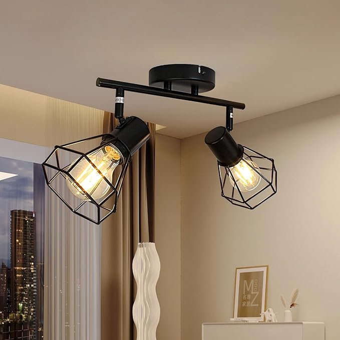 HiBay 2-Light Track Lighting Black, Rotatable Directional Ceiling Light Fixtures, Farmhouse Geometric Metal Cage Industrial Spotlight for Kitchen, Bedroom, Hallway, E26 Base (Bulbs Not Included)