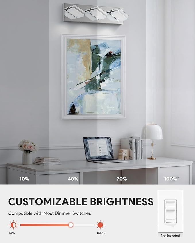 VONLUCE Bathroom Vanity Light Fixture, 3-Light Modern LED Vanity Lights, 3CCT Adjustable Bathroom Light with Memory Function Rotatable Shades, 18" Wall Lighting Fixture Over Mirror, Chrome