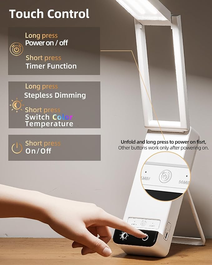 EZVALO Rechargeable Desk Lamp, 6000mAh Battery Wireless Light, Cordless Table Lamp for Book Reading, Foldable Mini Lamps & Portable, 3-Color Dimmable Small Light for Bed, Nail Lamp, Craft, White