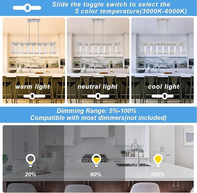 MELUCEE Modern LED Pendant Lights, 7 Lights 35W Dimmable Chandelier 3000K-6000K 5 Adjustable Color Temperature, Kitchen Island Lighting for Kitchen, Dining Room, Billiard Room, Adjustable Height