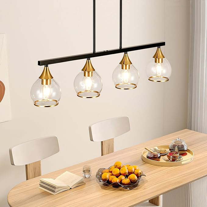 Island Light for Kitchen, 4-Light Kitchen Island Chandeliers Black and Gold Linear Hanging Pendant Light, Matte Black Farmhouse Dining Room Light Fixture Over Table with Clear Round Glass Shades