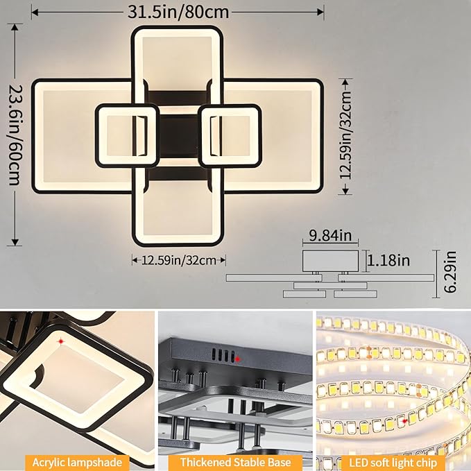 Shine LUEST Modern LED Ceiling Light Fixture Black Kitchen Lighting Fixtures Ceiling for Bedroom 31.5" Dimmable 6 Ring Square Ceiling Light for Kitchen with Remote Control for Living Room,Dining Room