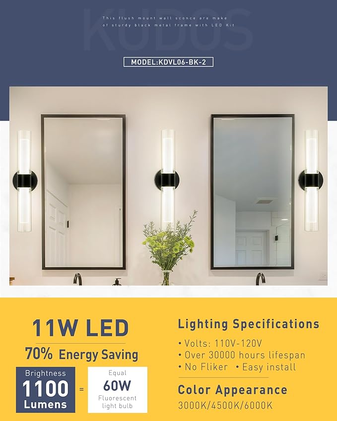 kudos Black Modern Sconces Wall Lighting, Wall Sconces with Clear Glass and Frosted Glass, Modern LED Vanity Light for Bathroom, 3000K/4500K/6000K Adjustable,KDVL06-BK-2
