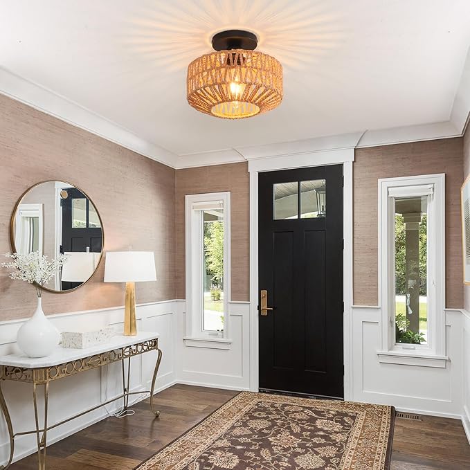 Ceiling Light Fixture,Hand-Woven Rattan Flush Mount Ceiling Light,Farmhouse Light Fixtures Ceiling Mount Boho for Hallway Bedroom Kitchen Entryway Living Room