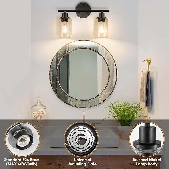 FOLKSMATE Bathroom Light Fixtures, 2 Light Matte Black Vanity Light, Vintage Wall Sconces Lighting, Modern Bath Wall Mounted Lights with Glass Shade