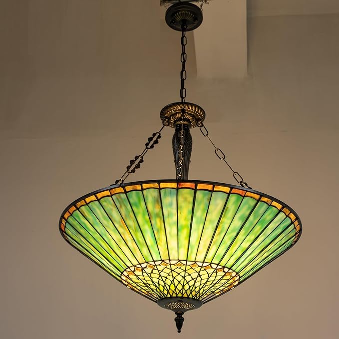 Pendant Light Fixtures, 23.62" Wide Stained Glass Inverted Antique Style Ceiling Pendant for Dining Room, 5 Lights Hanging Lamp for Living Room Kitchen Entryway