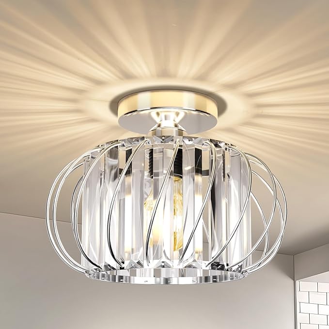 FRIDEKO HOME Crystal Ceiling Light Fixture - Small Crystal Chandelier Semi Flush Mount Ceiling Light Modern Hallway Lights fixtures for Entryway Bedroom Porch Kitchen (11 Inch, Bulb not Included)