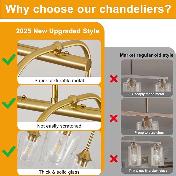 38" Dining Room Light Fixture/Chandelier Over Table, 8-Light Brushed Gold Kitchen Island Lighting with Clear Glass Shade, Modern Hanging Pendant Lights Fixture for Kitchen Island, Dining Room, Bar