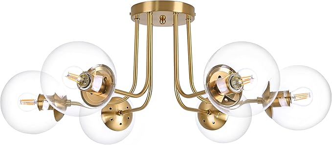 KoKo&Yukina 6-Light Mid Century Ceiling Light Modern Semi Flush Mount Ceiling Light Fixture Globe Ceiling Light with Clear Glass Shade Brushed Brass Finish for Bedroom Hallway Dining Room Living Room