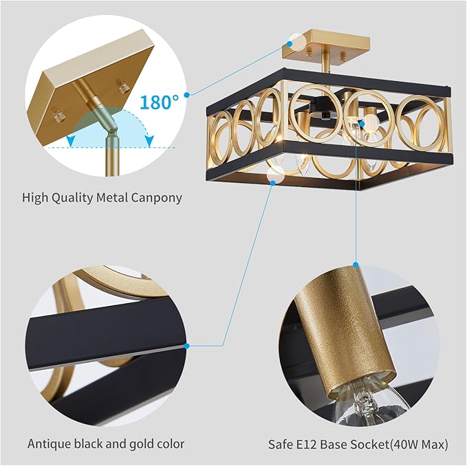 XINGQ Black and Gold Ceiling Light Fixture Modern 4-Light 13'' Semi Flush Mount Ceiling Lights for Living Dining Room Bedroom with Square Metal Shade, E12 Bulb Base