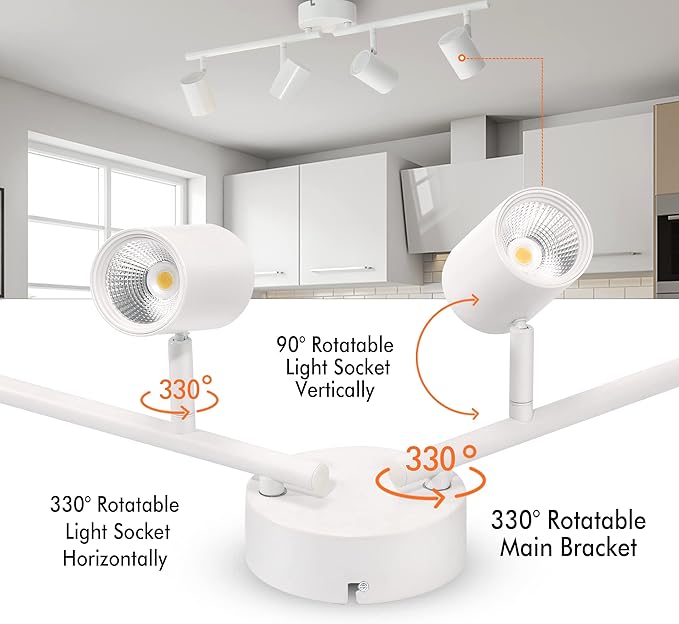 CLOUDY BAY 3 Color LED Dimmable 4-Head Track Lighting Kit,3000K/4000K/5000K Selectable 30W 2400lm CRI90,Adjustable Light Head Fixture for Accent Decorative Lighting,White