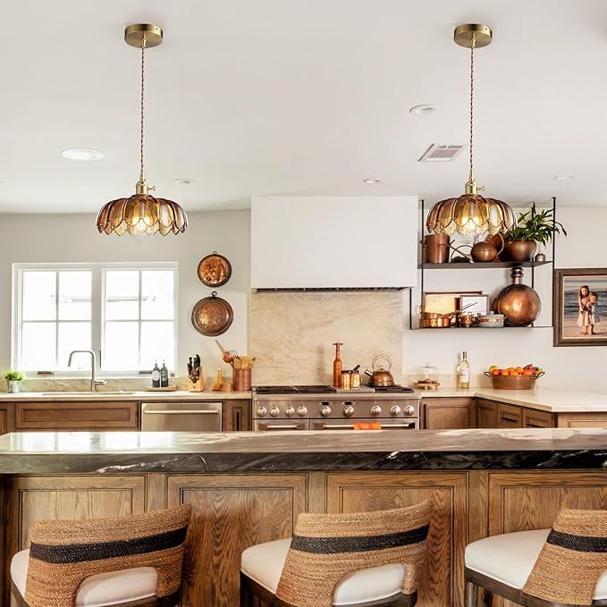 XZHGCEE Pendant Lights Kitchen Island: Amber Glass Hanging Light Fixture with Rotating Switch, E26 Base - Modern Lighting for Dining Room, Bedroom & Living Room