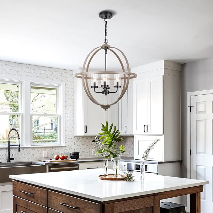 Farmhouse Chandelier, 17" Industrial Rustic Globe Sphere Orb Chandelier Wood Grain, 4-Light for Dining Room Entryway Kitchen Island Foyer