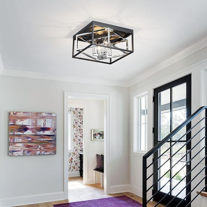 Square Ceiling Light, 4-Light Flushmount Modern Close to Ceiling Light Fixture for Living Room, Bedroom, Dining Room, L13 x W13 x H7 inch, Black & Chrome Finish Frame