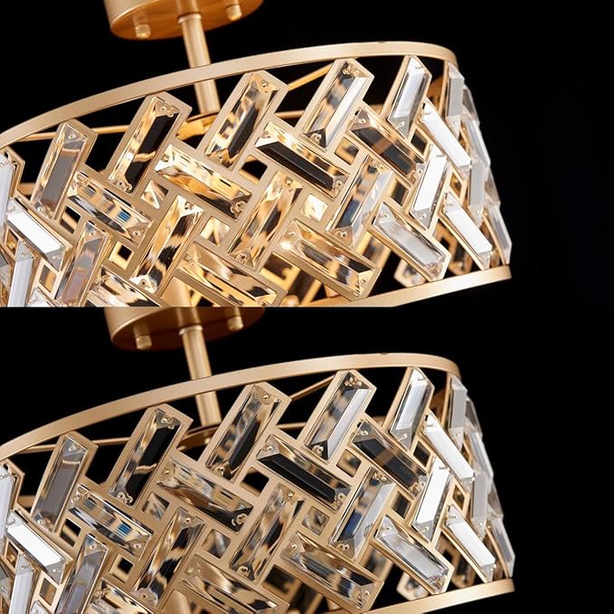 AGV LIGHTING Gold Semi Flush Mount Ceiling Light Fixture, Crystal Chandelier Ceiling Lighting Fixture for Bedroom, Kitchen, Hallway