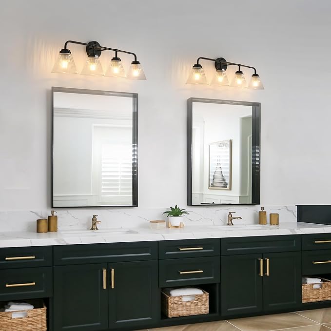 Modern Black Bathroom Vanity Light, 4-Light Wall Sconce with Clear Ribbed Glass Shades, Farmhouse Industrial Light Fixture for Bathroom, Vanity Mirror, Powder Room, Hallway (black, Powder Coated, 4)