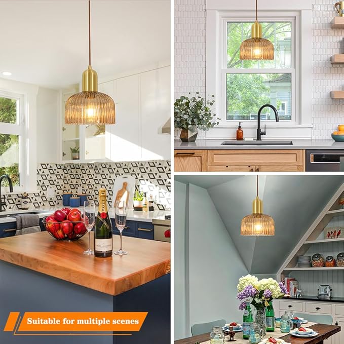 Vintage Pendant Light, Gold Pendant Lights Kitchen Island, Brass Ribbed Pendant Light with Amber Glass Shade, Mid Century Ceiling Lamp, Adjustable Hanging Light for Kitchen Island Dining Room Hallway